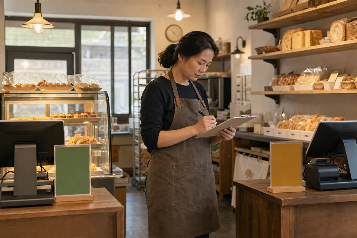 社区小店经营者核对多个收款点的当日交易记录