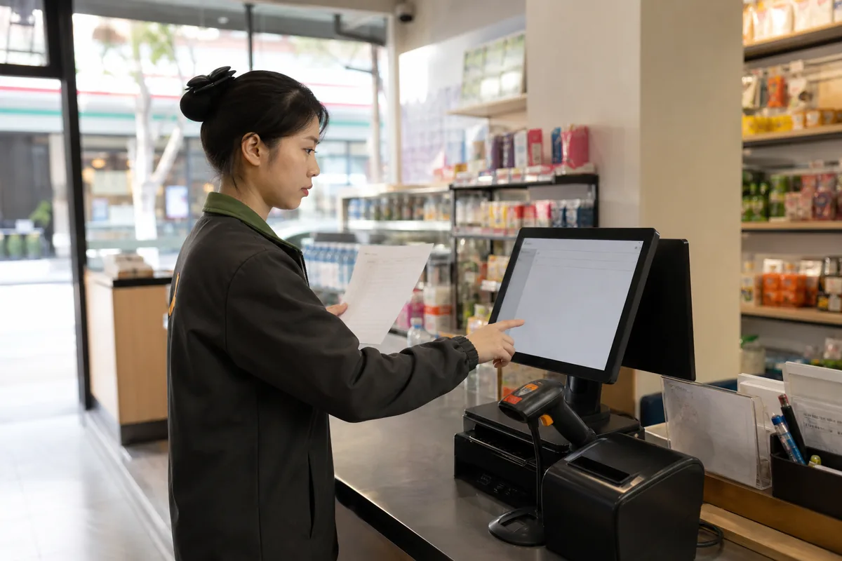 门店员工检查收银机扫码枪和打印设备设置
