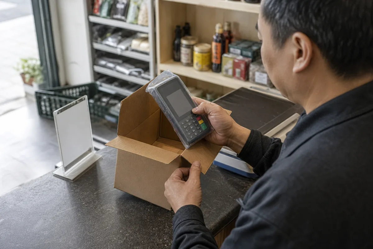 门店经营者查看陌生寄来的通用收款设备包裹