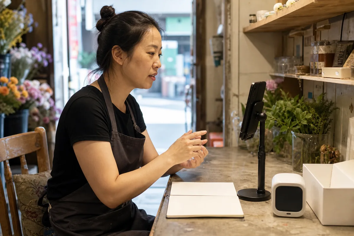社区店经营者在侧边工作区用手机整理线上办理所需信息