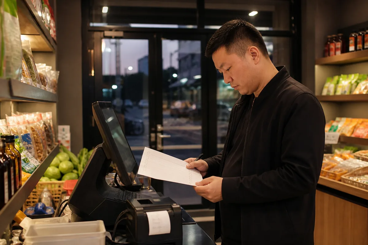 社区零售店长在闭店后核对收银设备与纸质日报清单