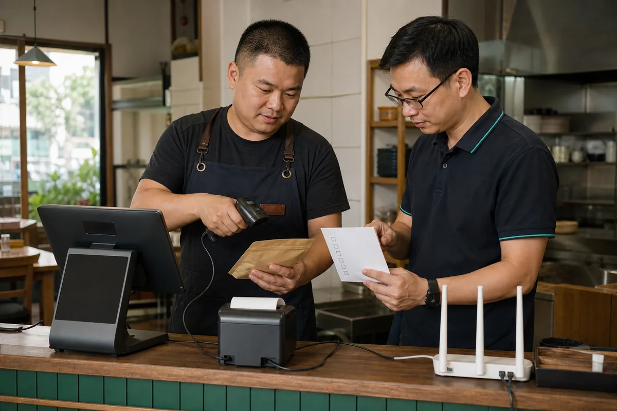 门店经营者与服务人员核对收款设备打印机和扫码枪配合流程