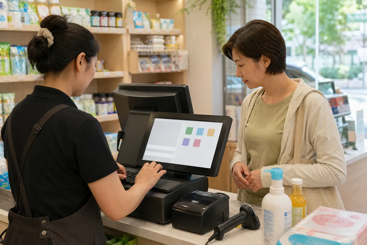 便利店顾客在收银台查看通用双屏收银机的顾客侧屏幕