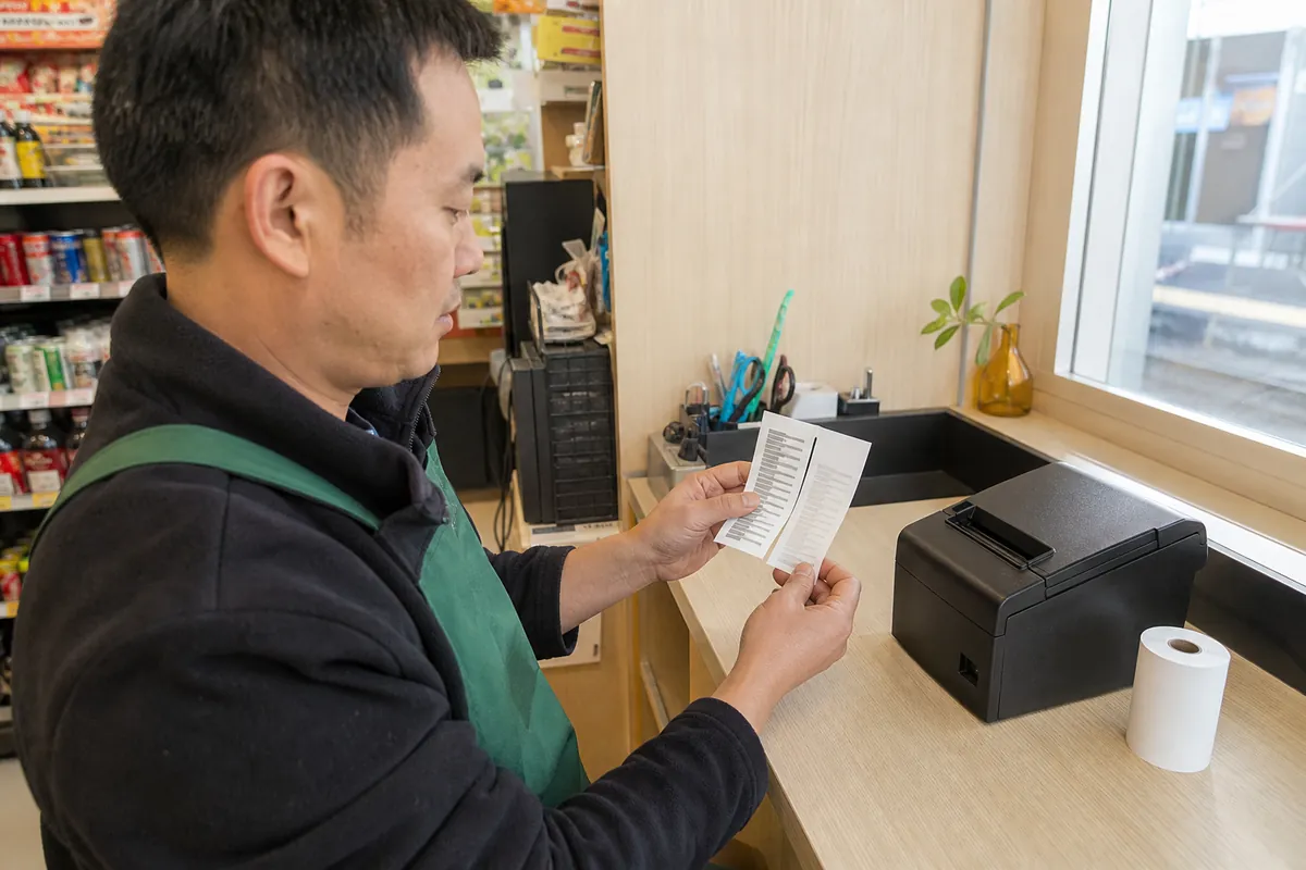 门店经营者在关闭的通用打印机旁比较两张深浅不同的测试小票
