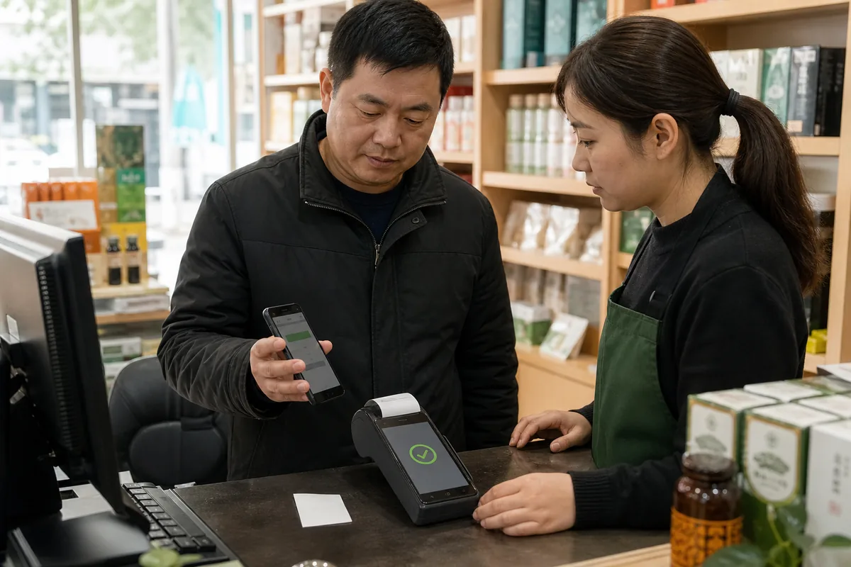 中国门店经营者在收银台测试通用收款设备并查看手机交易记录
