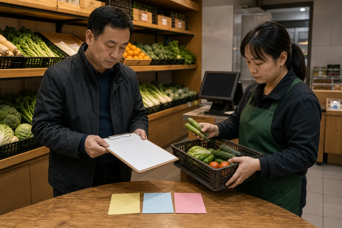 中国生鲜店店长在闭店后盘点蔬果并使用空白记录表核对损耗原因