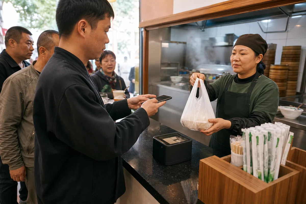 中国早餐店顾客在高峰排队时使用手机配合桌面扫码设备付款
