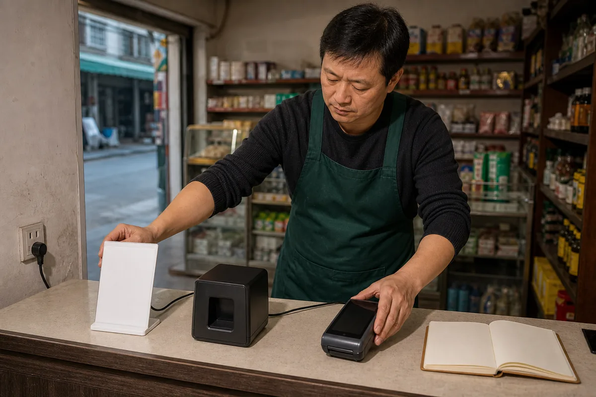 中国社区店经营者测量柜台并比较三种通用收款设备的位置