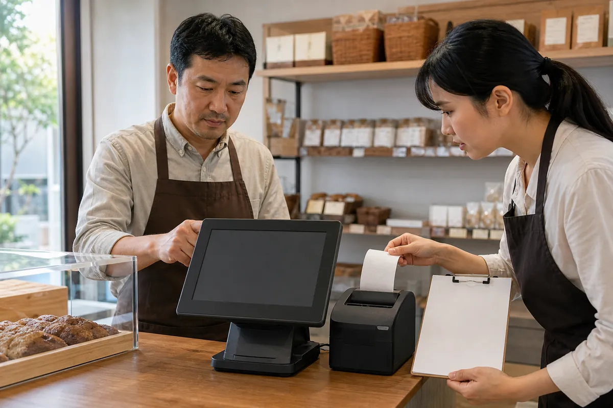 中国店主与员工在试营业前用通用设备测试收款打印和交接流程