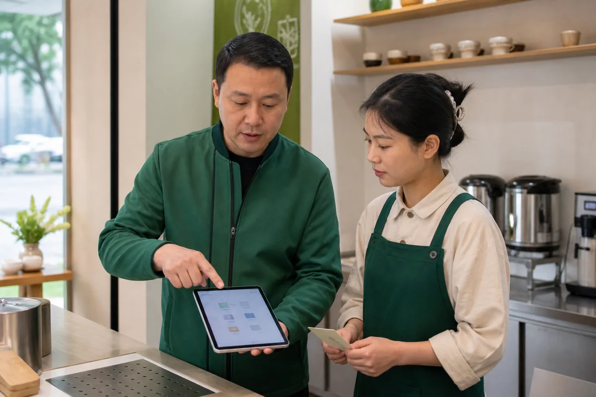 中国茶饮店店长向收银员说明不同岗位的系统操作权限