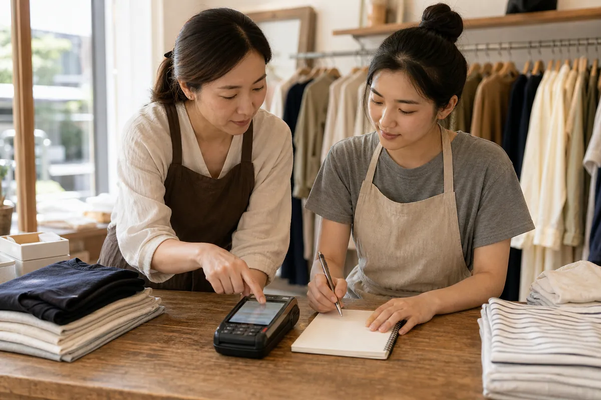 中国服装店店主与员工练习核对终端交易和异常记录