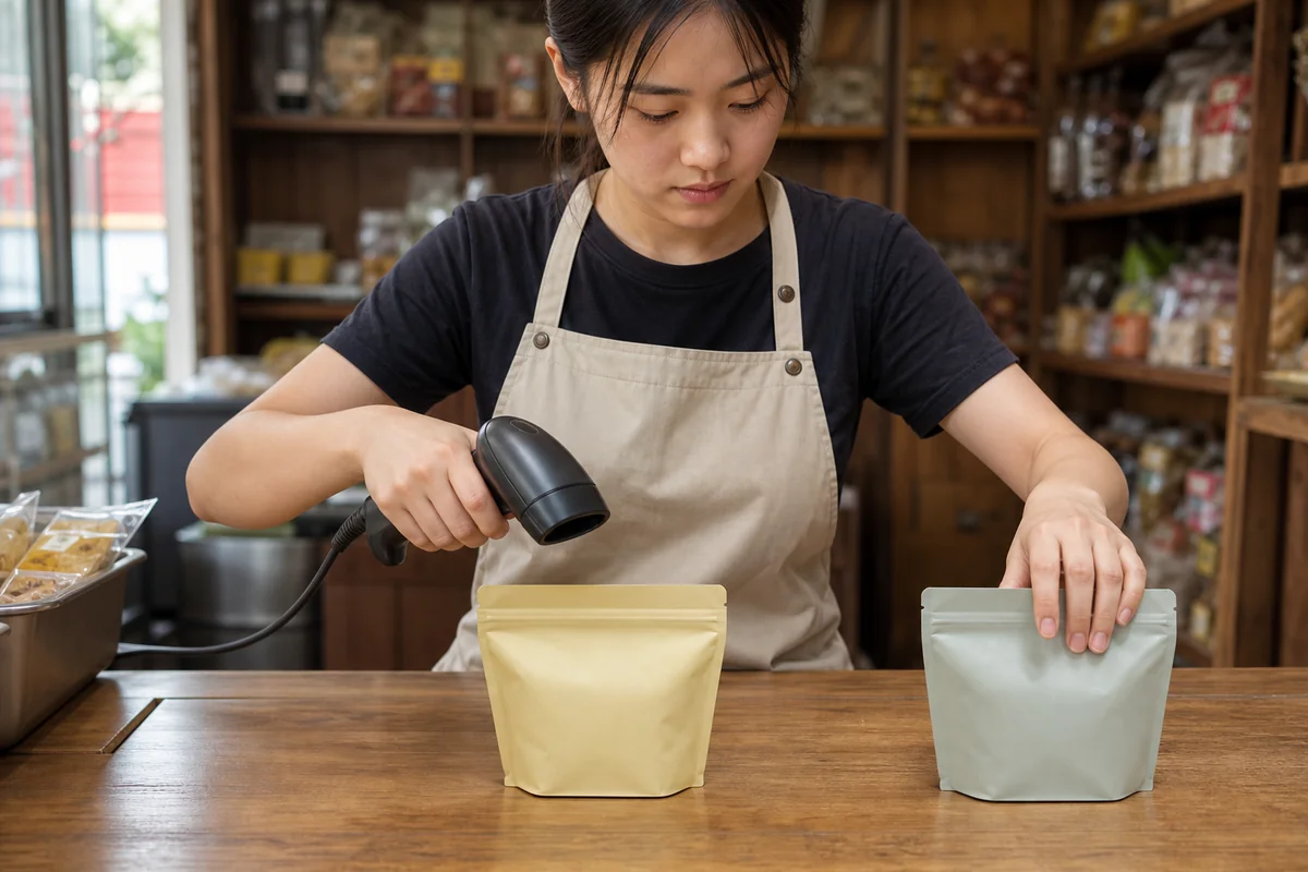 中国零食店员工用通用扫码设备分别核对两件相似商品