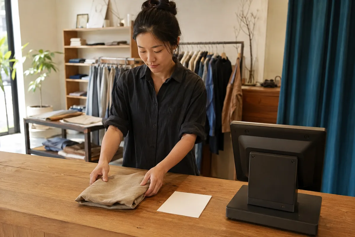 中国服装店员工在通用收银终端旁核对无标签折叠衣物