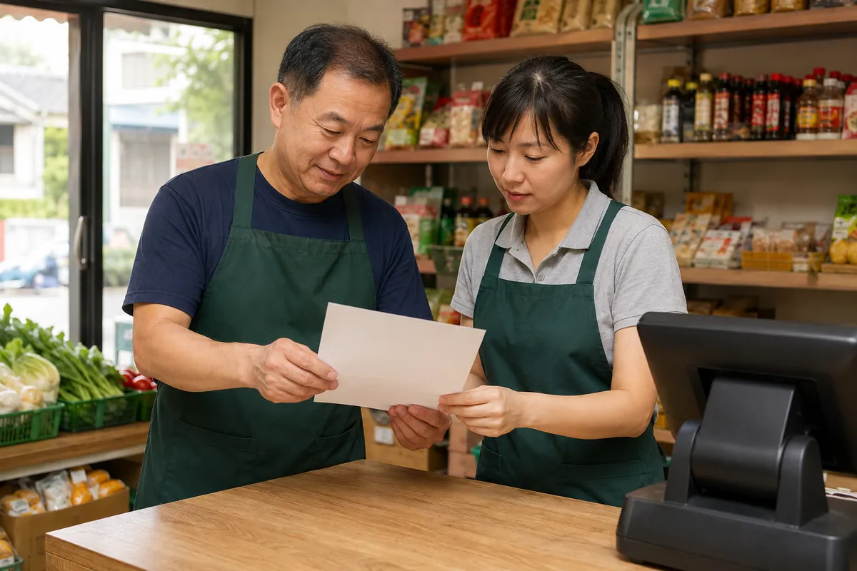 中国杂货店两名员工在通用收银终端旁核对空白记录纸