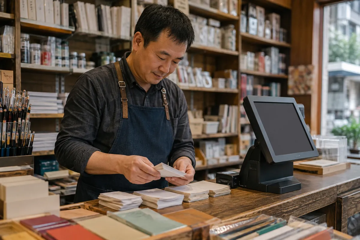 中国文具店店主在通用收银终端旁整理无文字纸卡