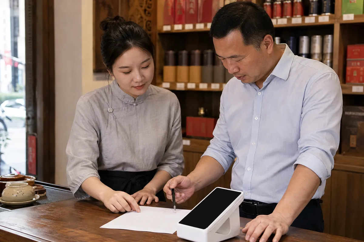 中国茶店员工和店主在通用终端旁核对纸卡