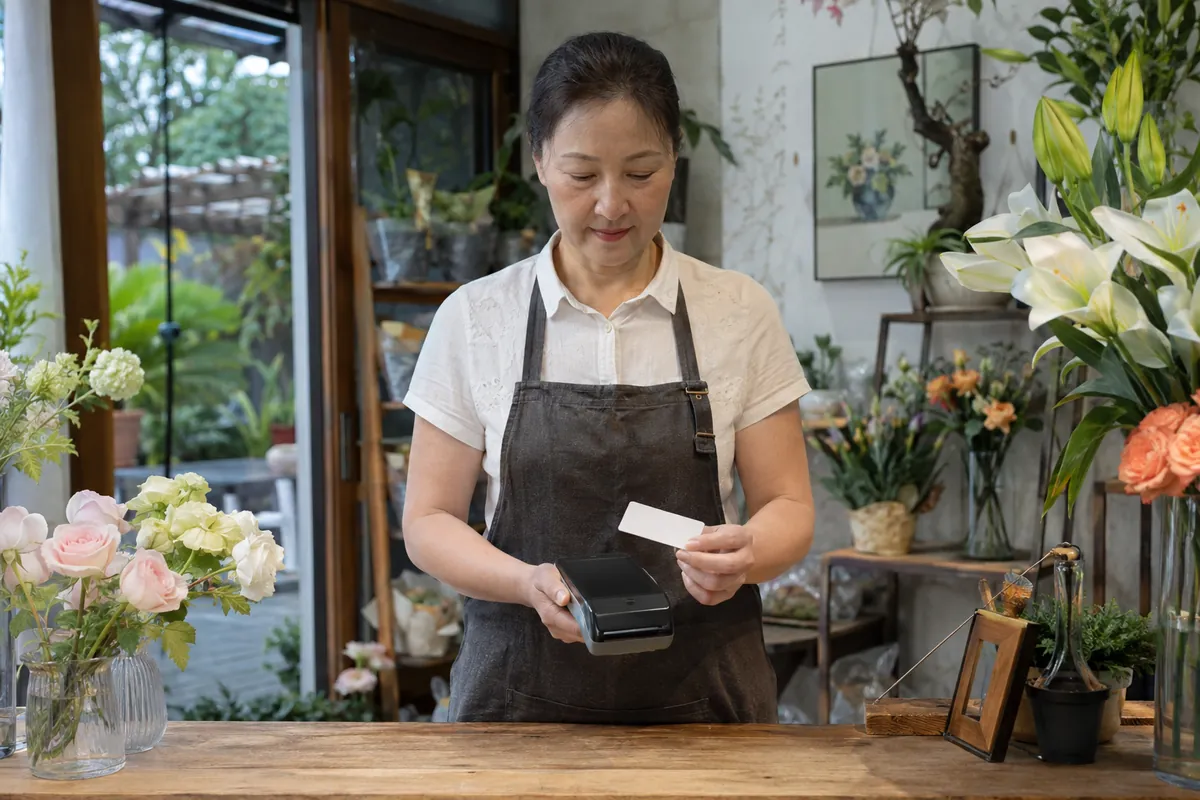 中国花店店主拿着通用移动终端与空白卡片