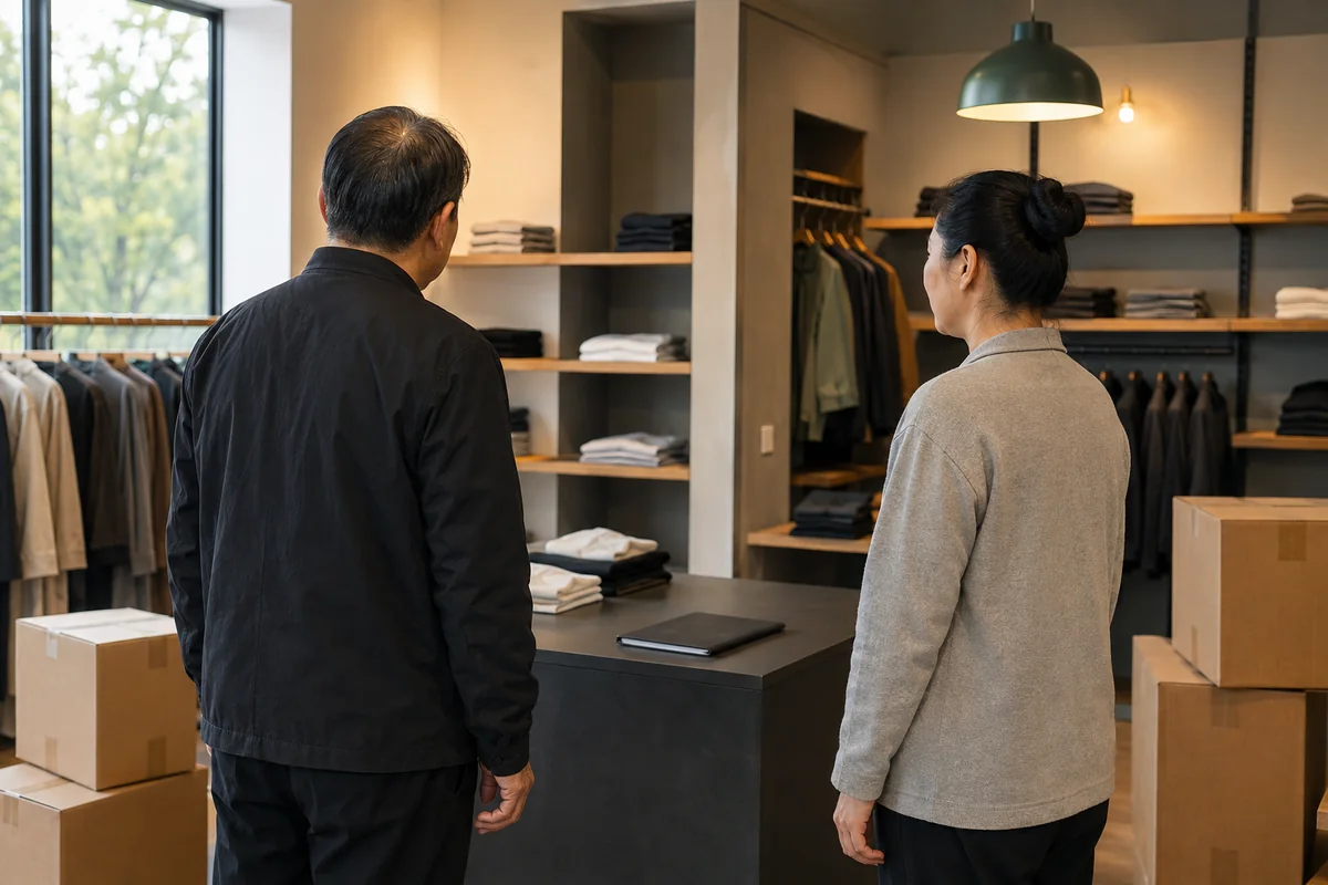 店主与服务人员在搬迁后的服装店沟通收银台安排