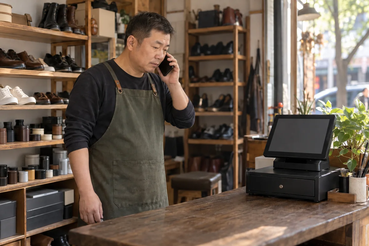 修鞋店负责人在关闭的钱箱旁通过电话沟通设备异常