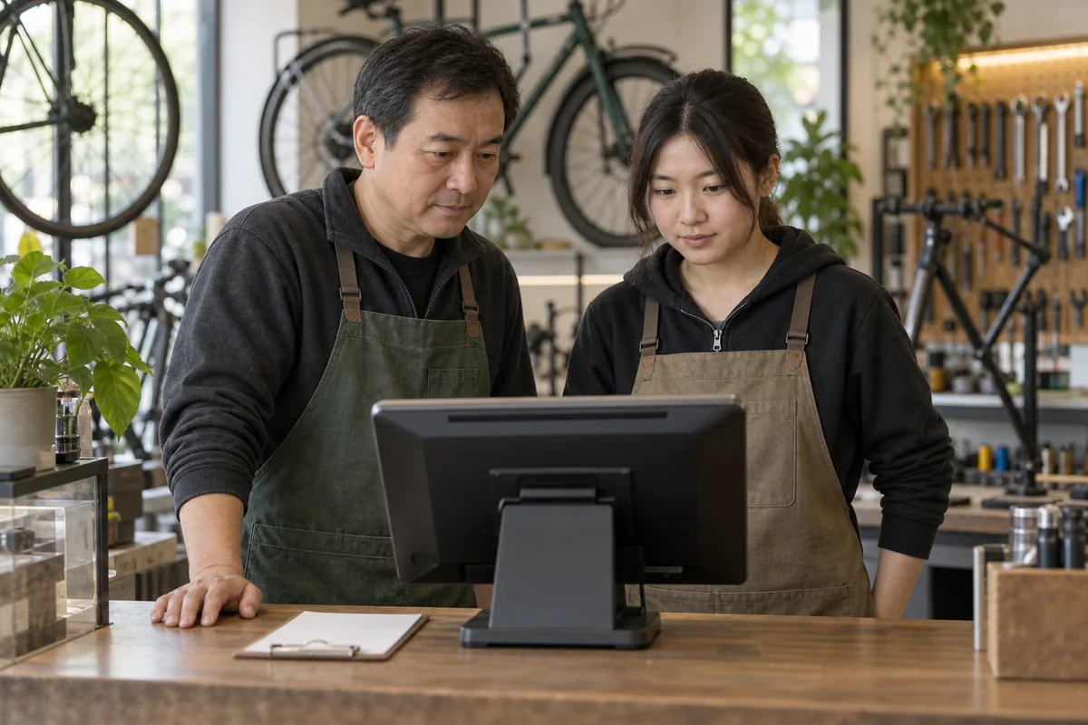 自行车门店负责人和新员工在通用收银终端前核对接岗安排