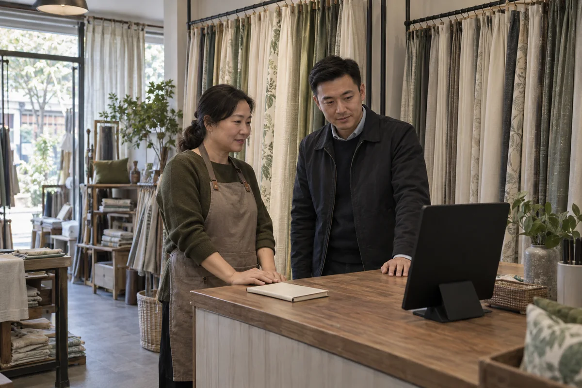 窗帘门店负责人和服务人员在柜台旁查看通用显示设备