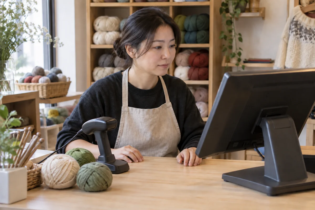 毛线店店主在通用扫码枪旁查看收银终端核对操作结果