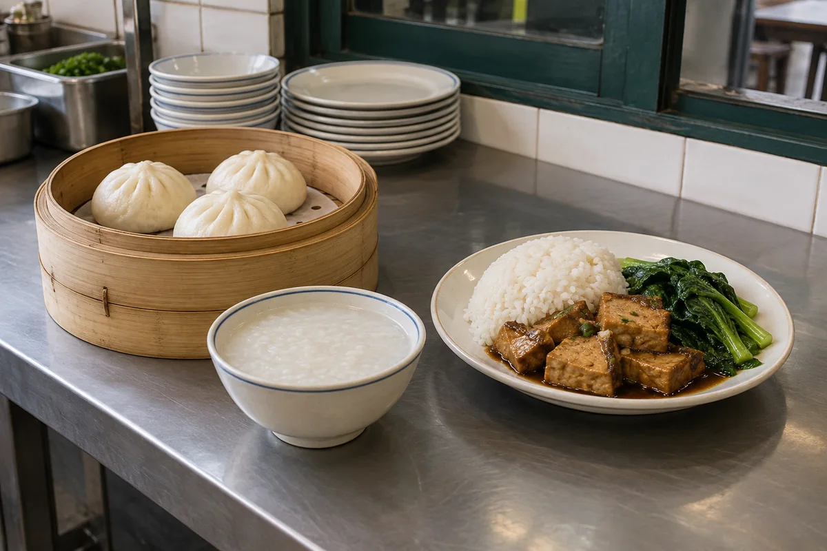 餐饮门店备餐台将早餐蒸点与午餐饭菜分组摆放便于核对
