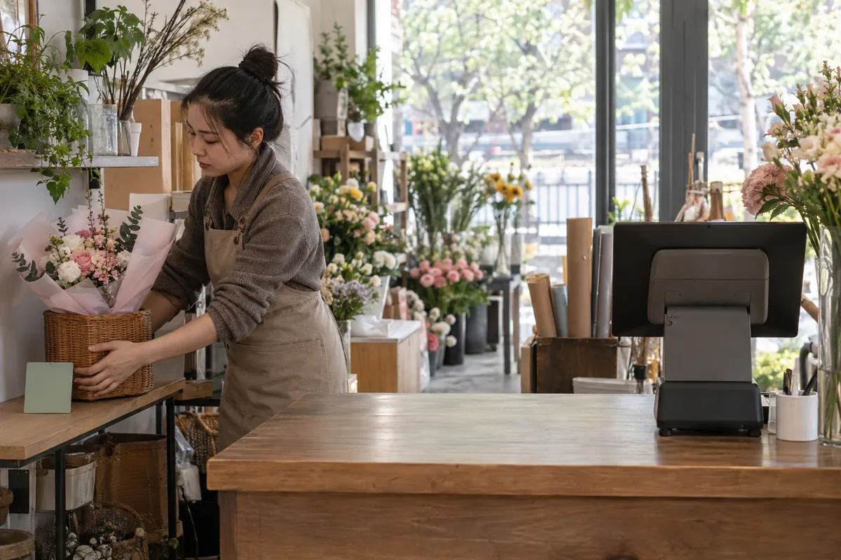 中国花店店员把未完成结账的花束订单临时放到侧边等待