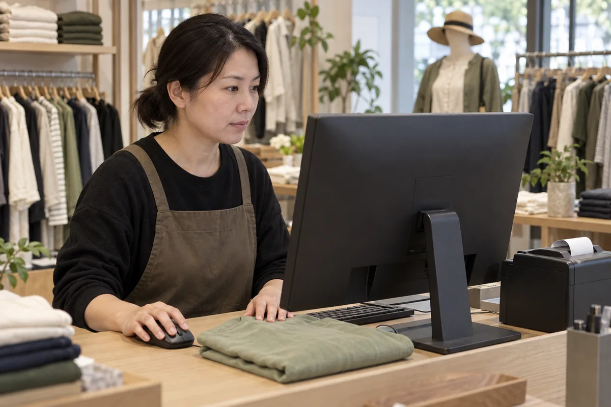 中国服装店收银员在通用收银设备前核对原销售单据