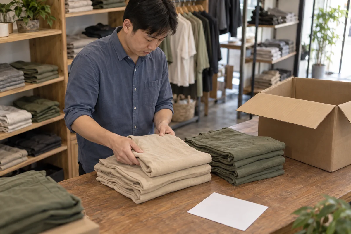 中国服装门店收货人员在工作台清点调入衣物规格