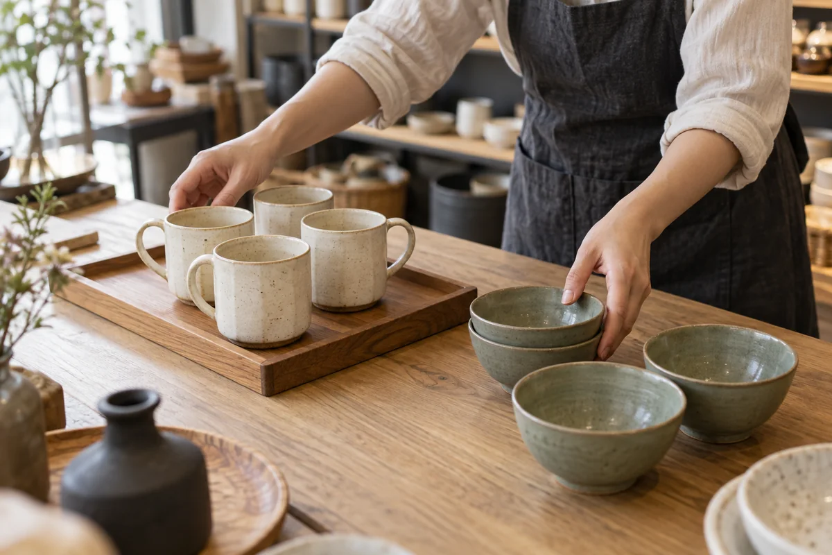中国家居用品门店将不同陶瓷商品分组核对活动范围