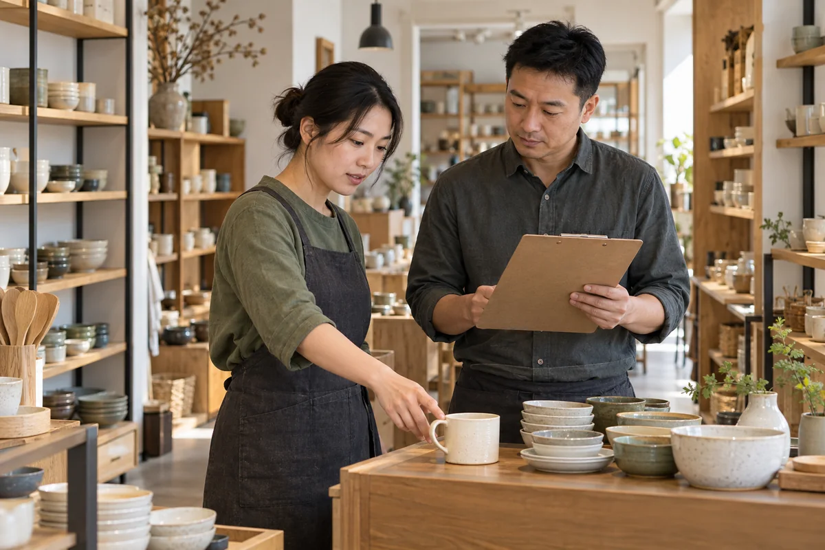 中国家居用品店负责人在营业前向店员交接活动核对事项