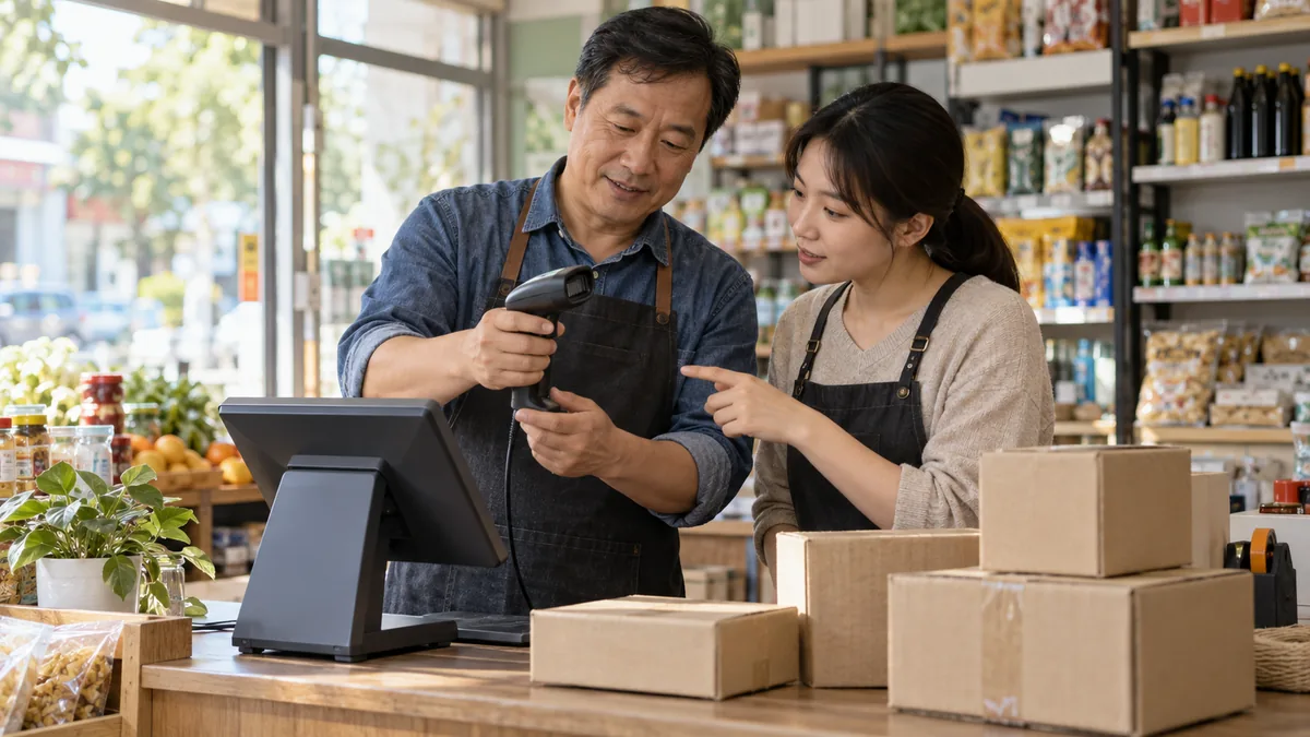 二维商品码进入收银台前，先核对扫码设备与POS系统