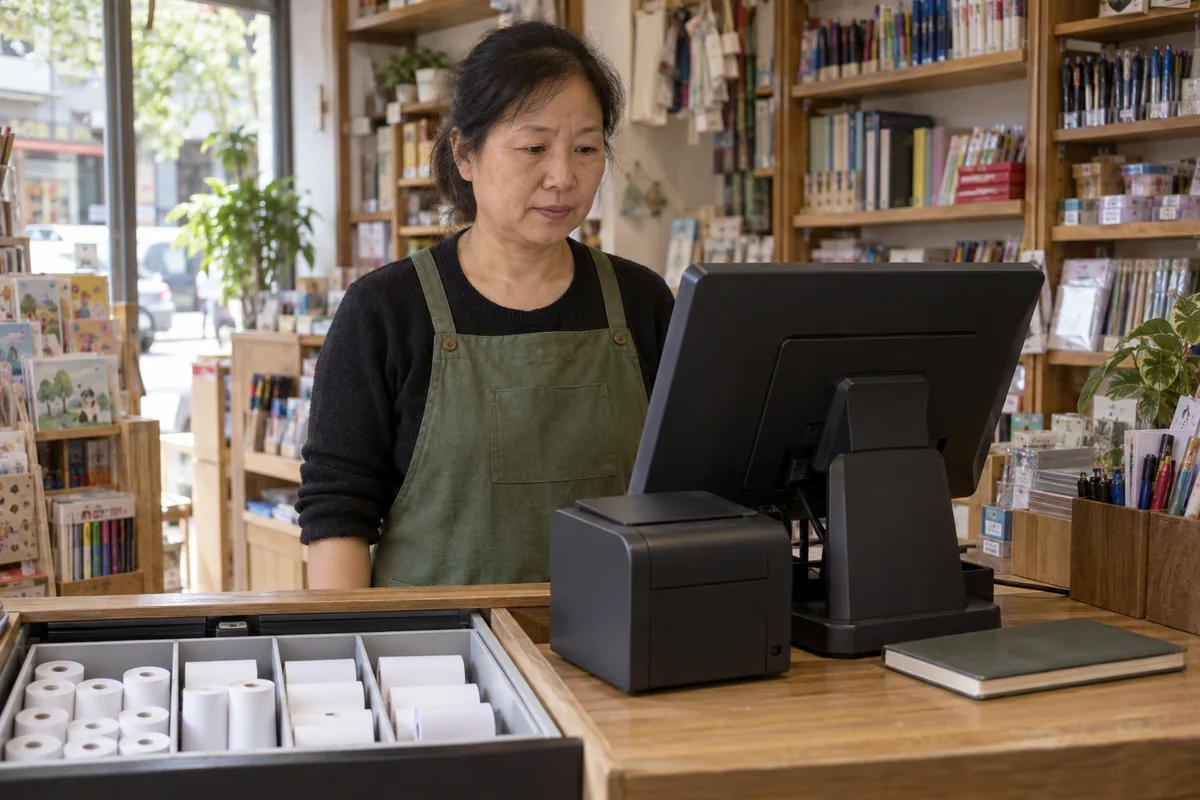 文具店店主查看收银设备并准备分类存放的备用纸卷