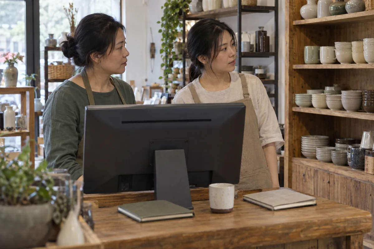 两位门店员工在收银台旁核对货架盘点范围