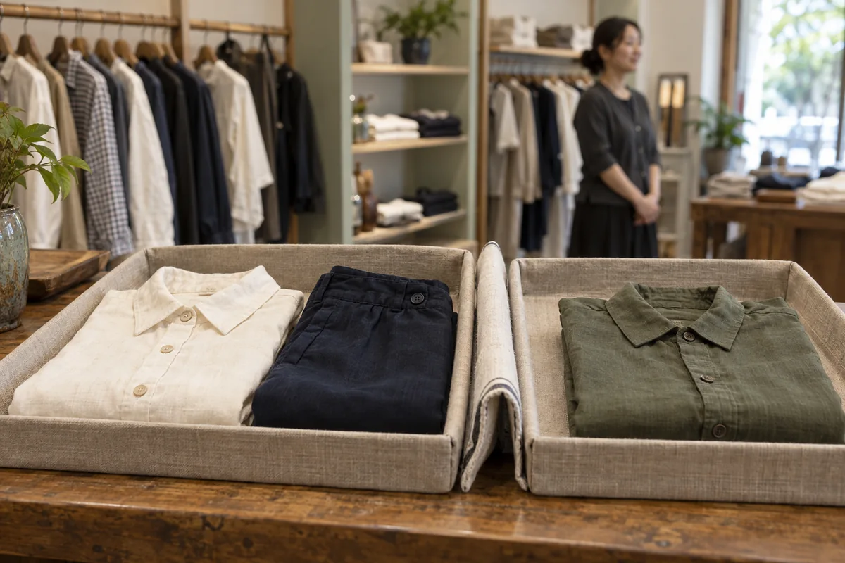 服装店柜台两个布筐分别放置顾客待结算衣物