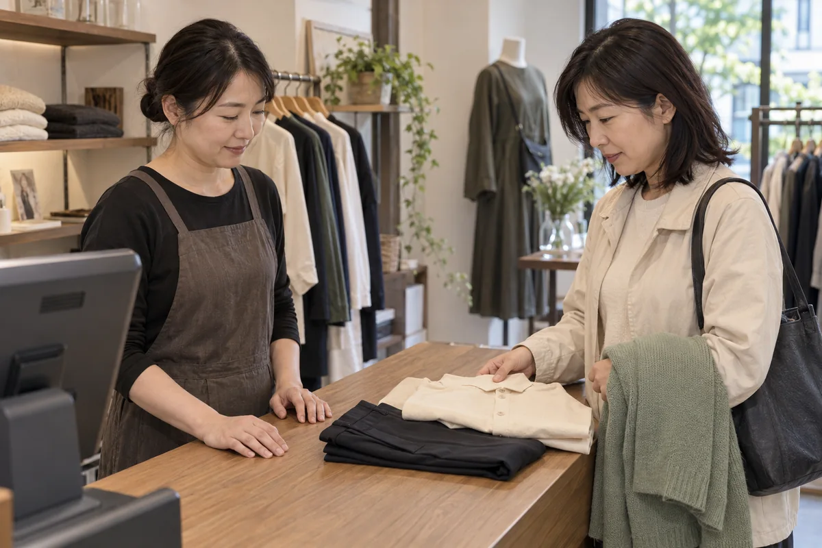 服装店员与顾客在柜台核对原有衣物和新增商品