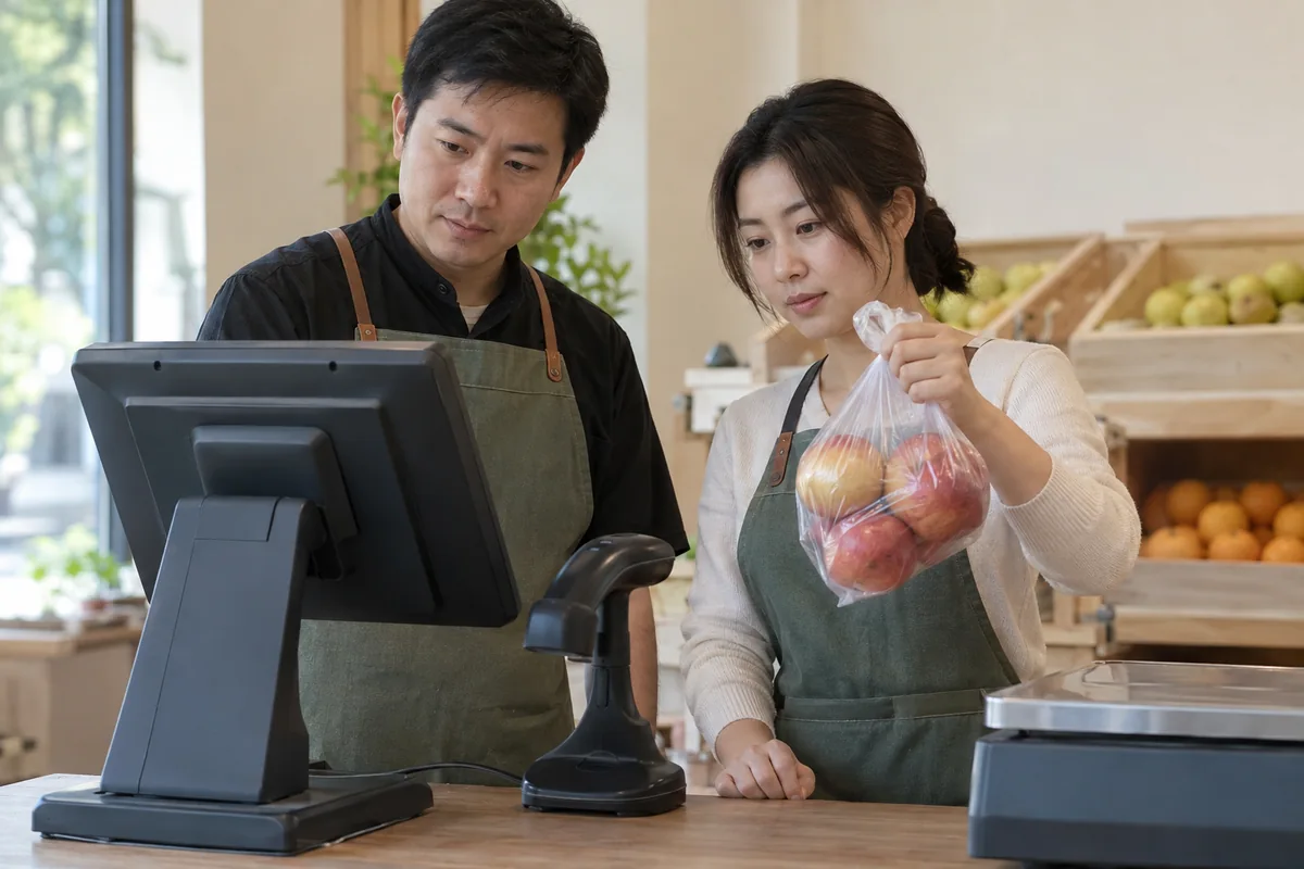 水果店两位员工对照袋装苹果检查收银设备