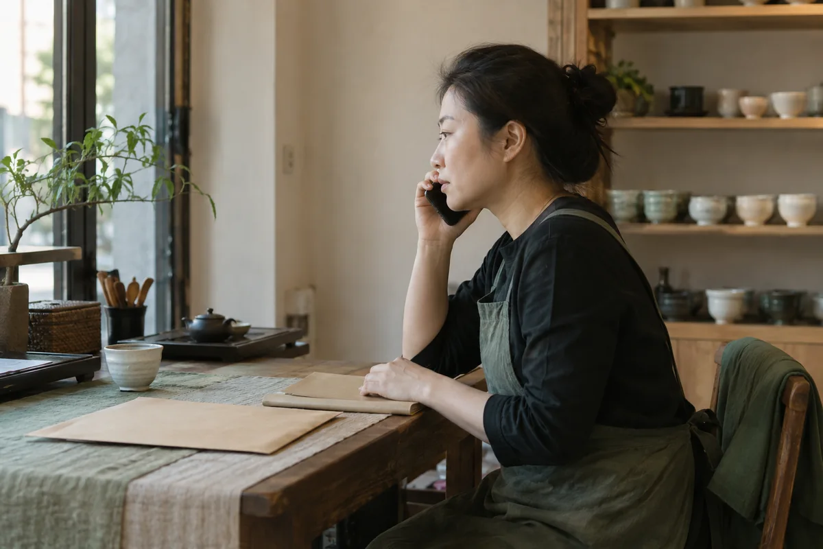 茶店经营者在店内通过电话沟通申请进度与后续事项