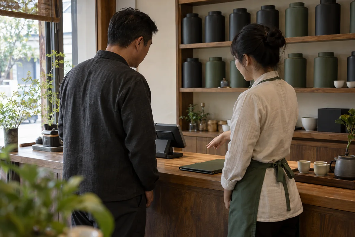 门店经营者与服务人员在收银台旁核对设备交付场景