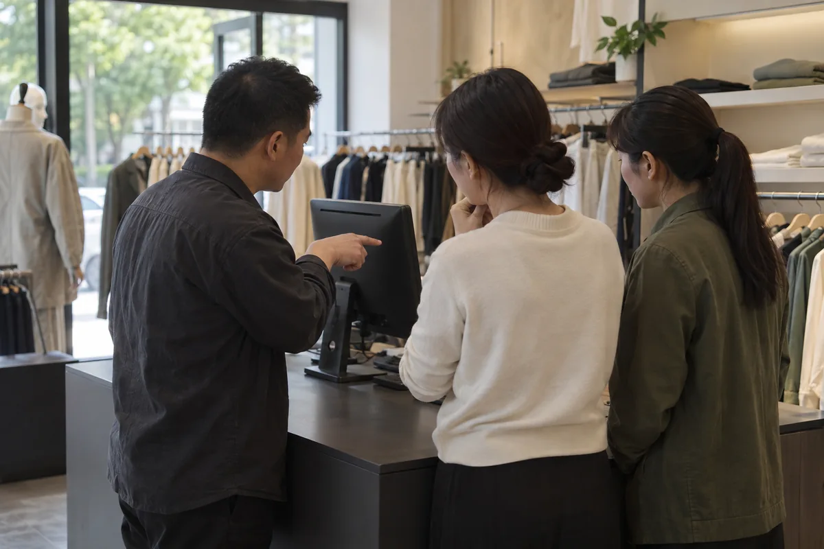 门店经营者与服务人员围绕收银设备讨论服务分工