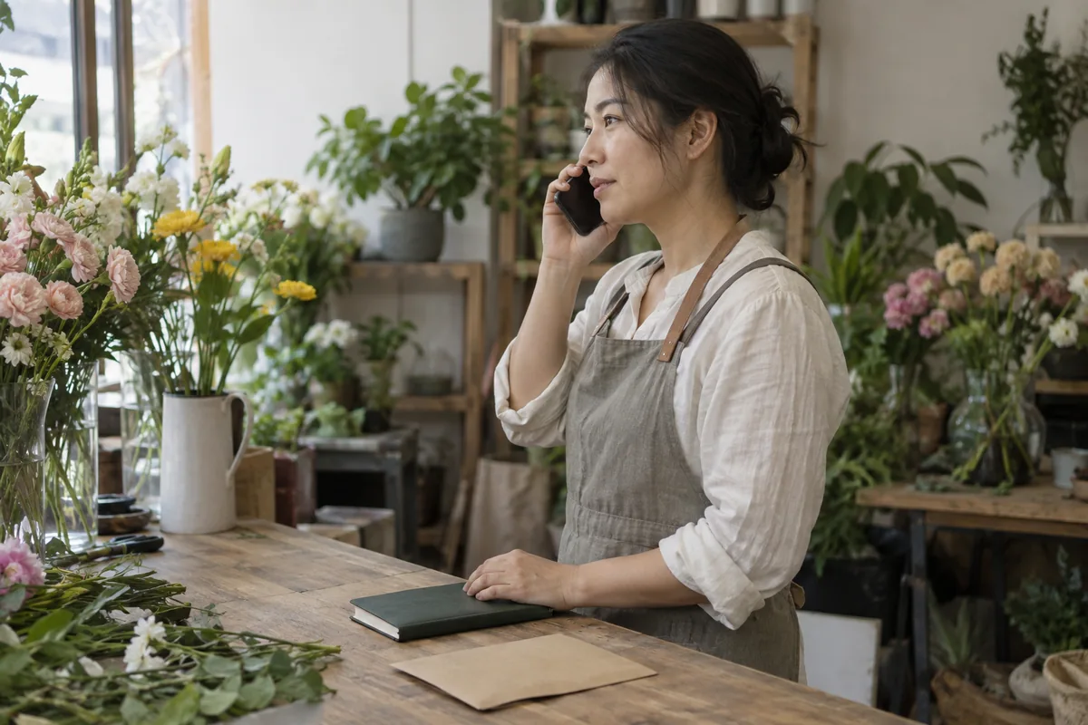 花店经营者在工作台旁通过电话核对资料提交要求