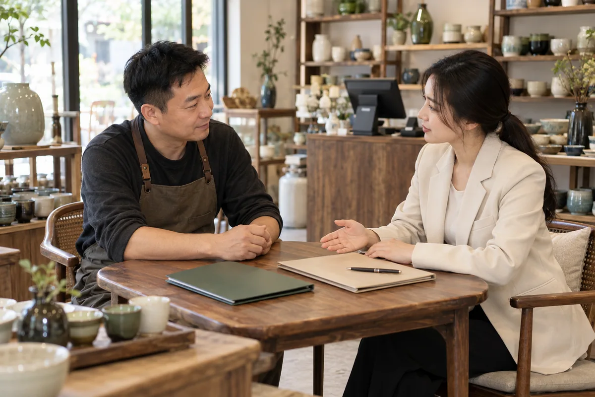 家居门店经营者与咨询人员在桌旁沟通方案费用范围
