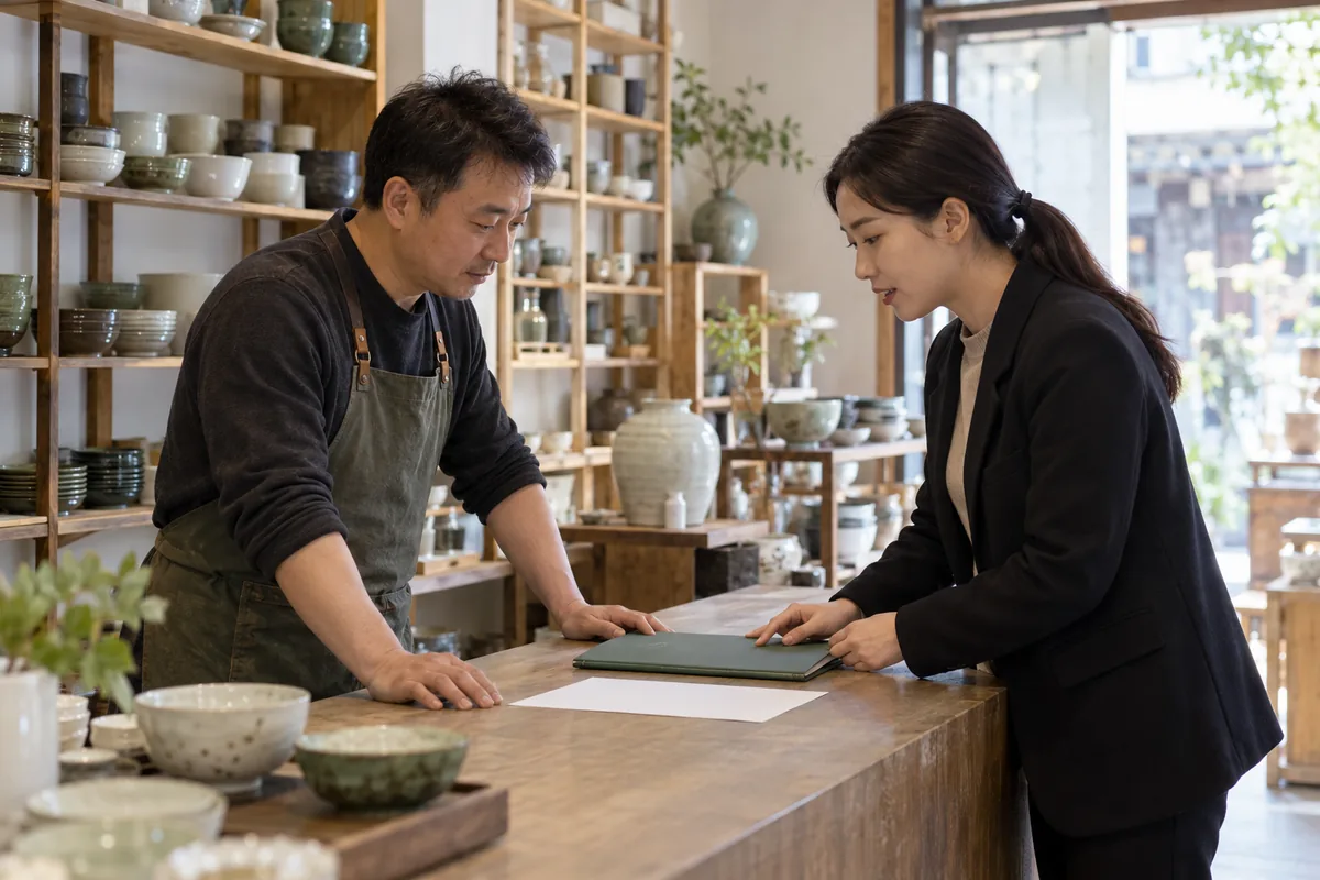家居门店经营者与服务人员在柜台旁沟通资料对应关系