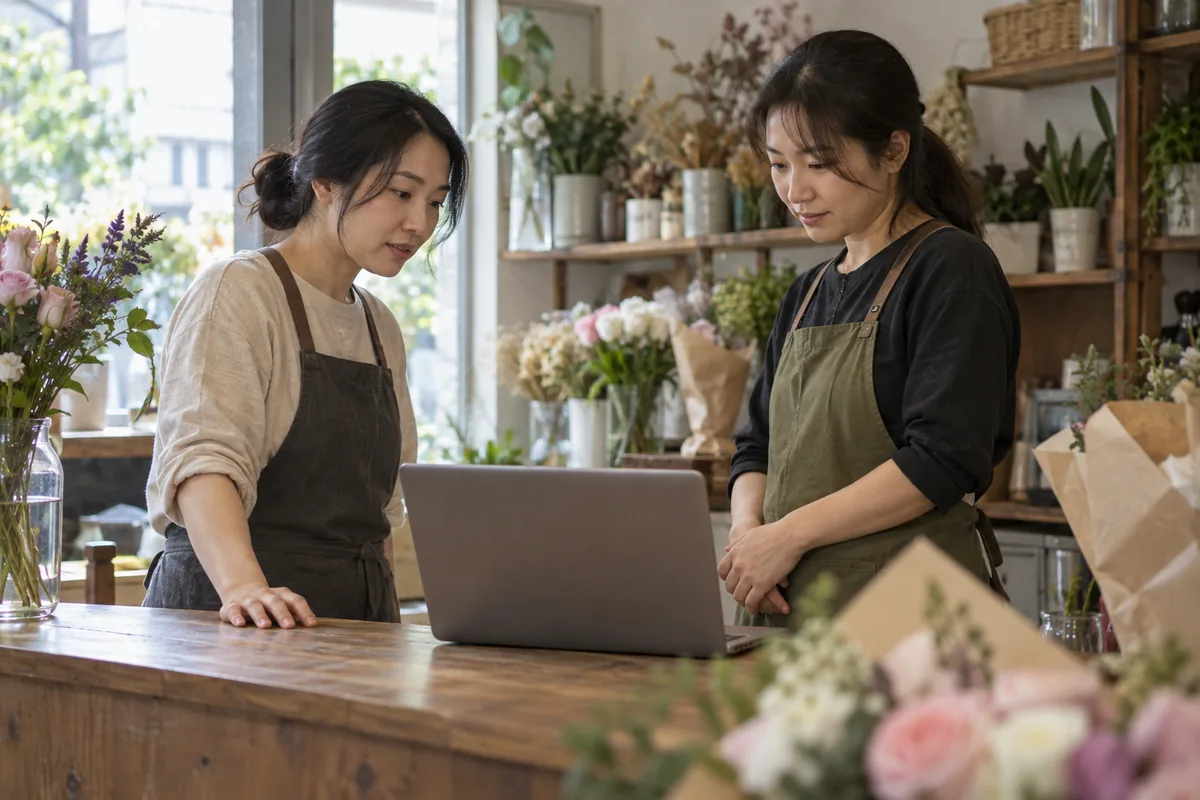 两位花店工作人员在柜台旁沟通日常协作需求