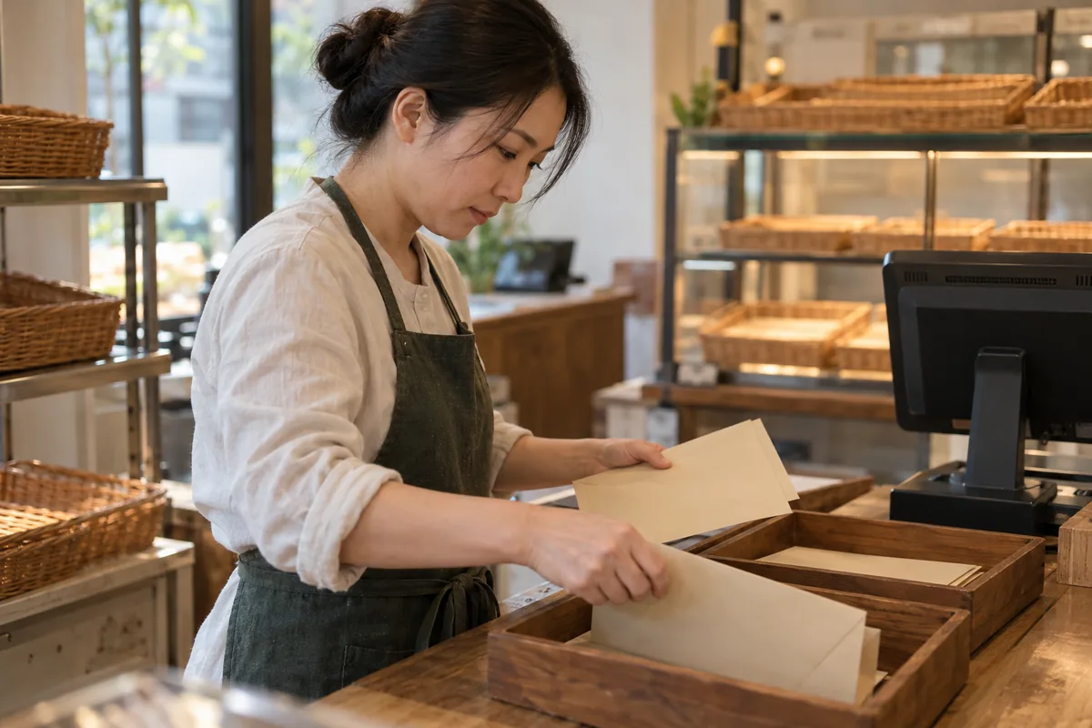 门店工作人员把新旧门店资料分开放在木质托盘中