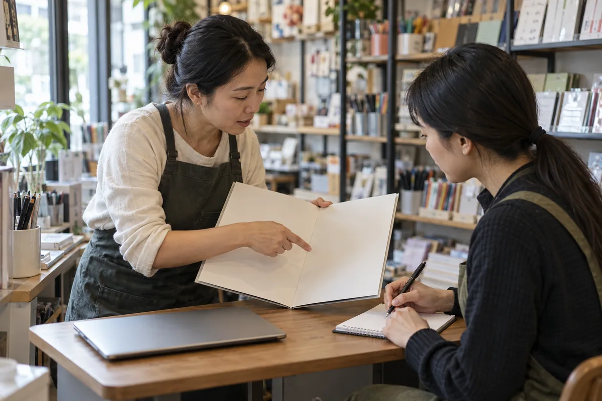 两位服务人员在文具店桌旁对照资料讨论需要补训的环节