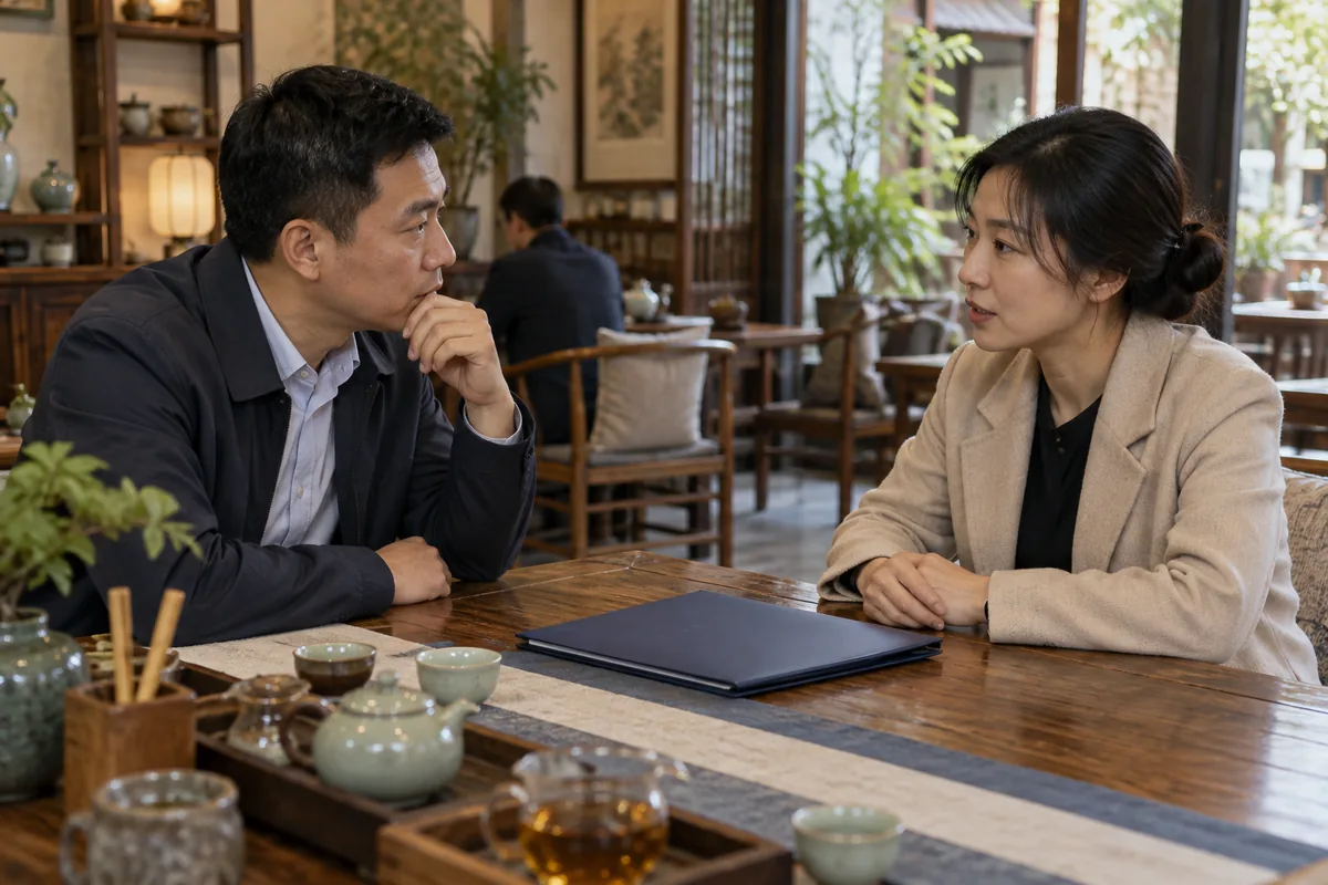 两位业务人员在茶店桌旁围绕资料夹交流合作核验问题