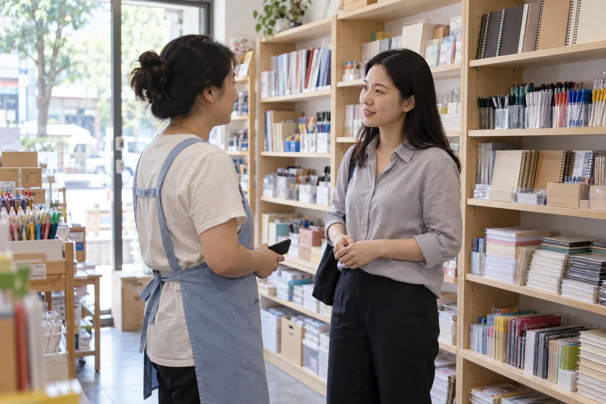 文具店店主和服务人员在货架旁交流手机使用问题
